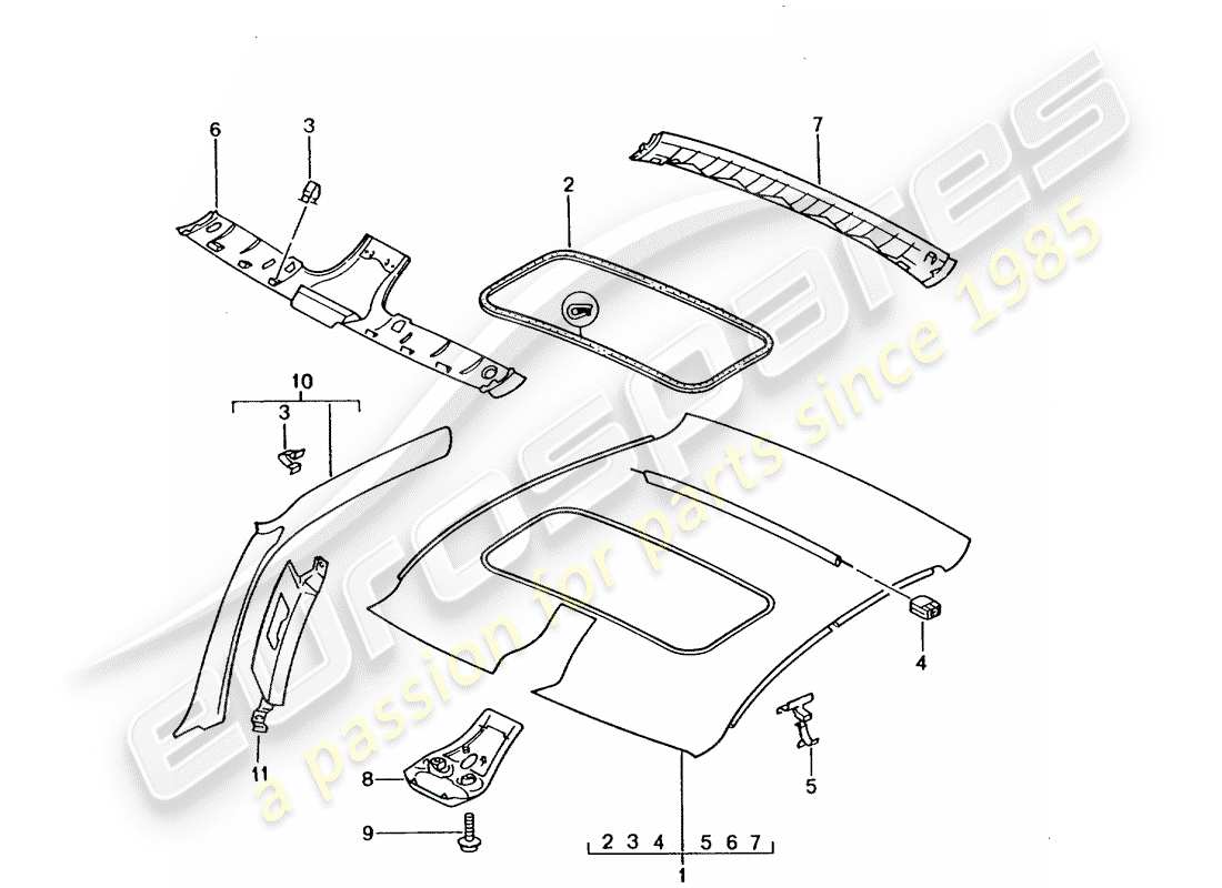 porsche 2001 (996) dachverkleidung - a-säule ersatzteildiagramm