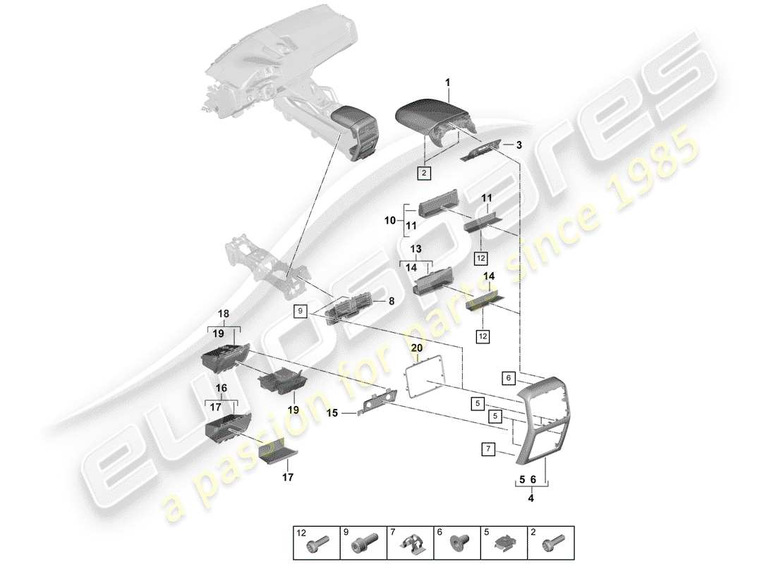 porsche 2018 (cayenne e3 9ya/9yb) center console ersatzteildiagramm
