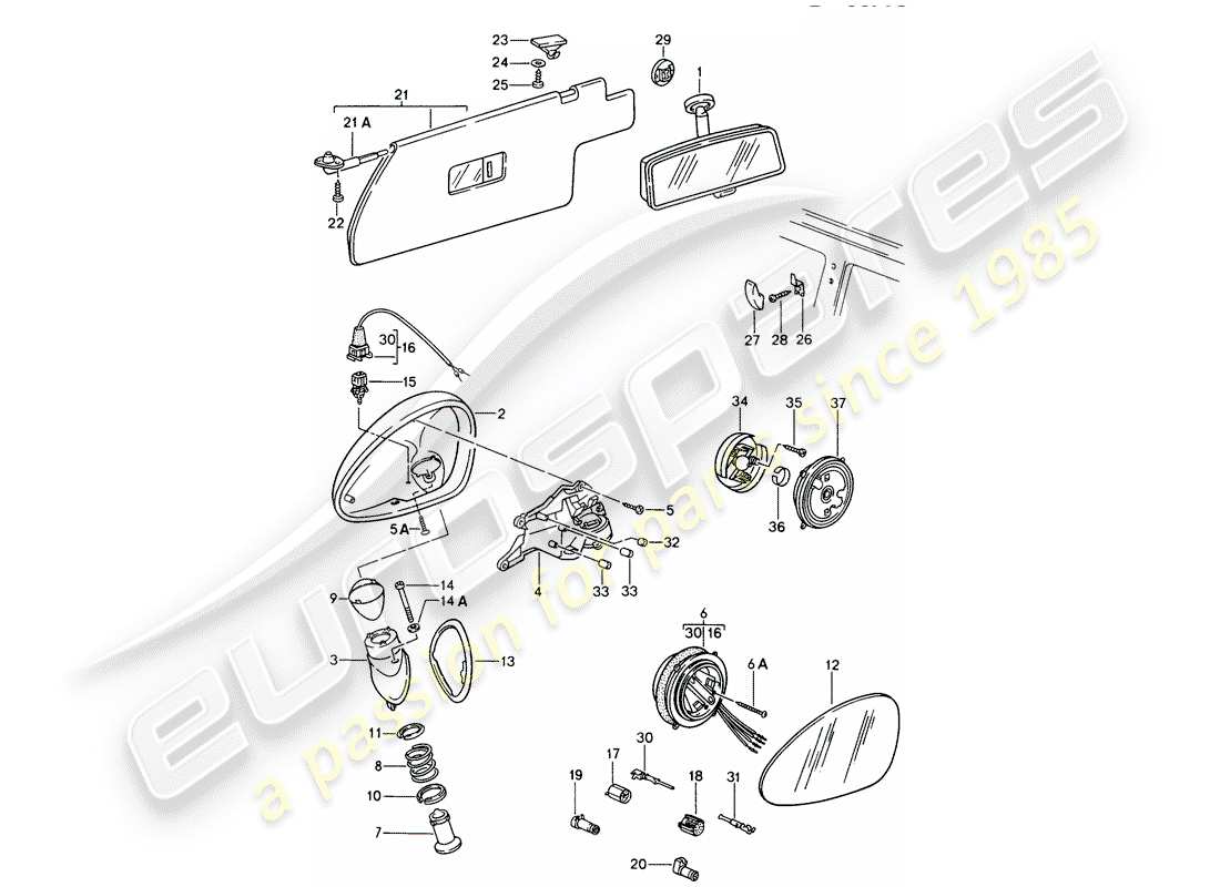 porsche 1994 (968) innenspiegel - rückspiegel - sonnenblende ersatzteildiagramm