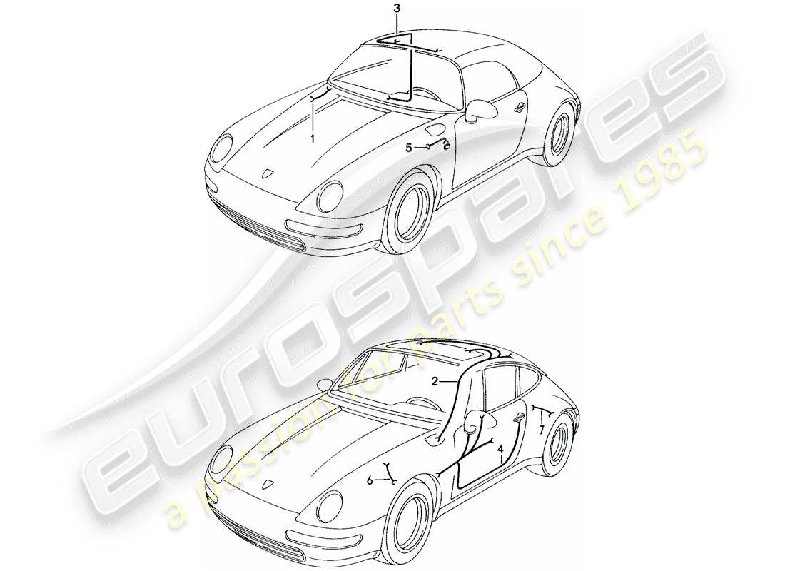 porsche 1994 (993) kabelbäume - gepäckraumlampe - schiebedach - cabrioverdecksteuerung - fahrertür - beifahrertür - blinker-wiederholer - anti-blockiersystem -abs- teilediagramm