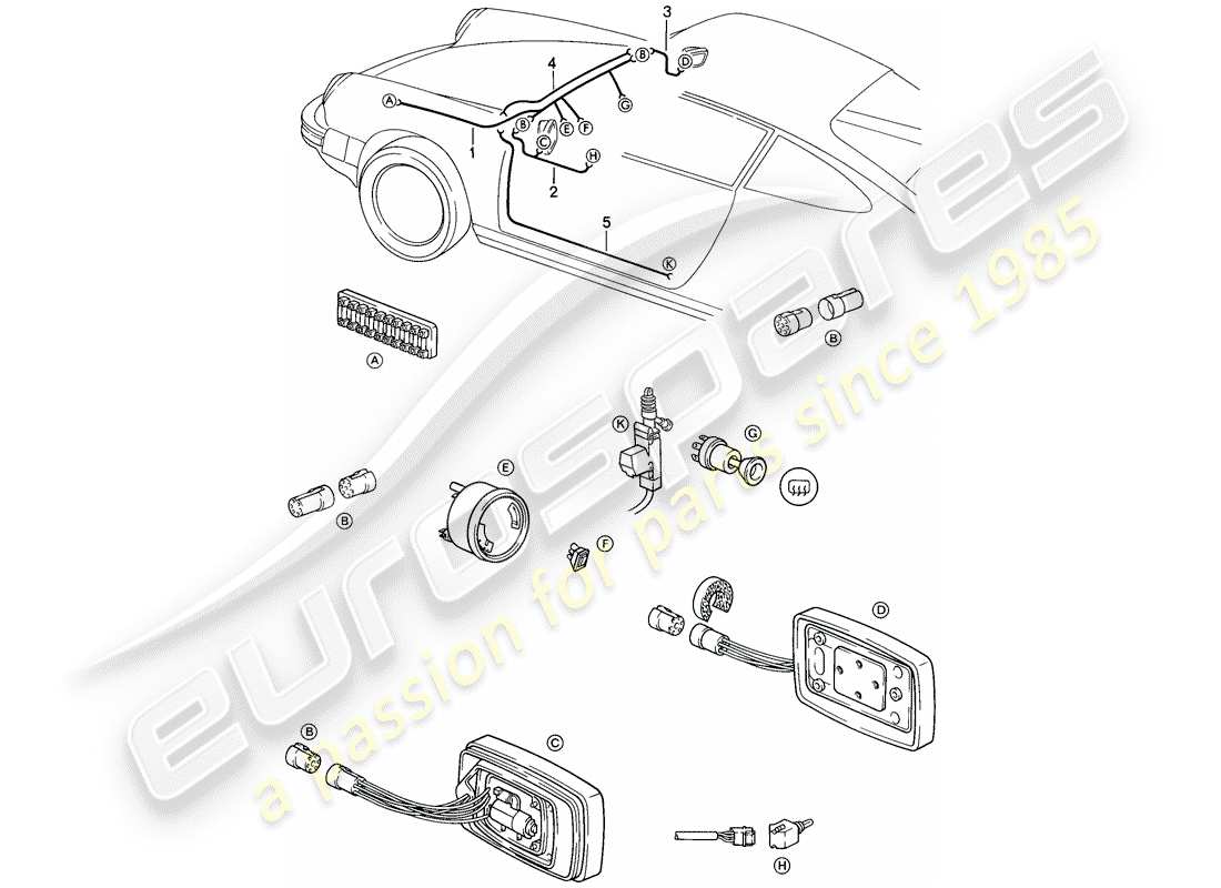 porsche 1985 (911) kabelbäume - rückspiegel - elektrisch einstellbar - zentralverriegelung ersatzteildiagramm
