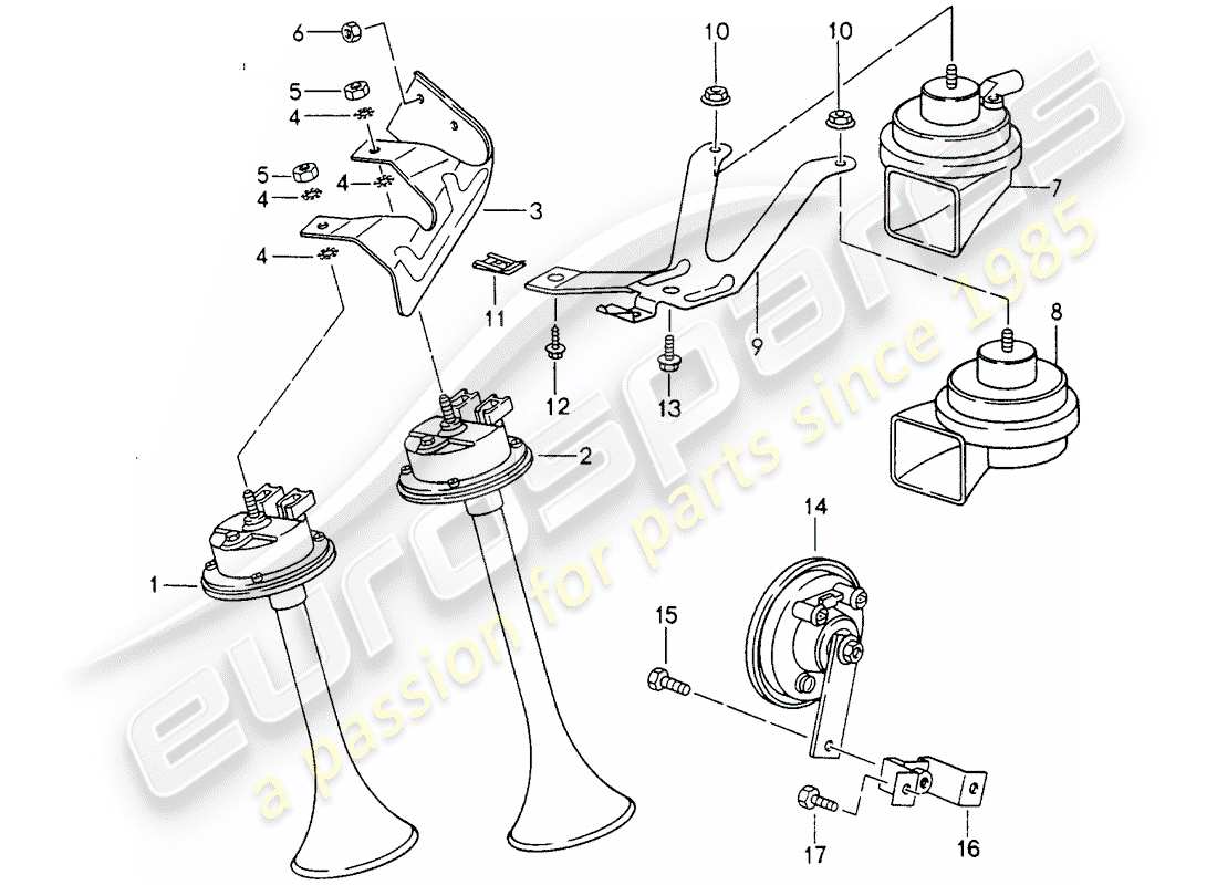 porsche 1994 (993) fanfare horn - horn ersatzteildiagramm