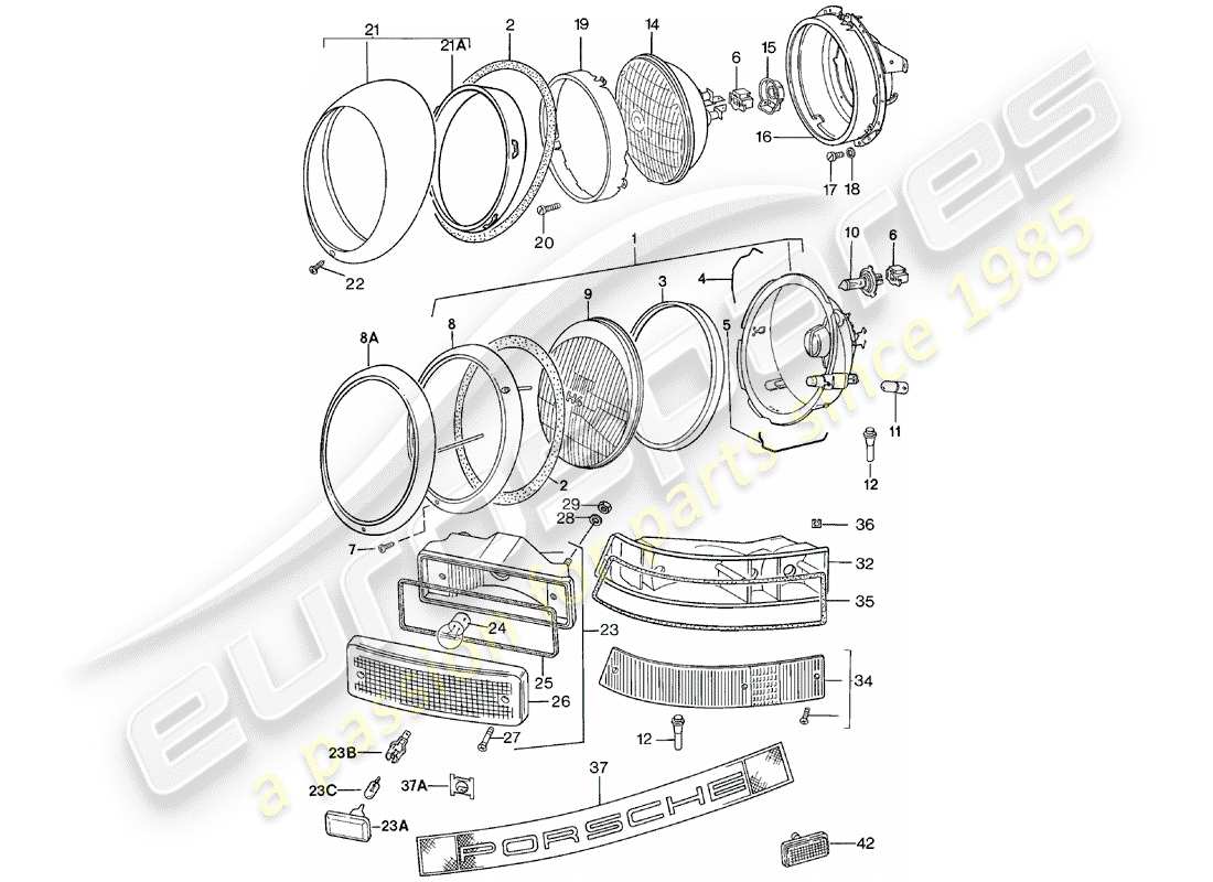 porsche 1981 (911) scheinwerfer - beleuchtung ersatzteildiagramm
