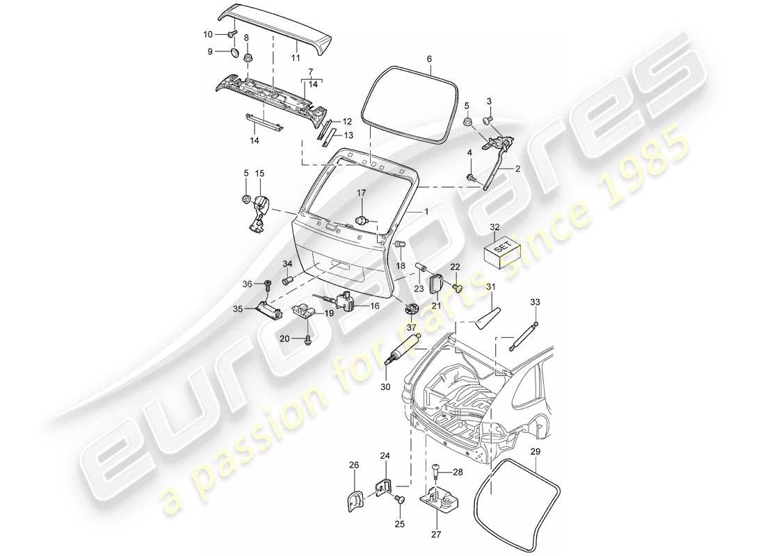 porsche 2005 (cayenne e1 9pa) hinterer kofferraumdeckel - teilediagramm