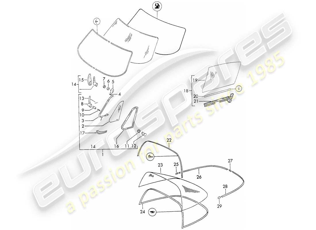 porsche 1972 (911) fensterverglasung ersatzteildiagramm