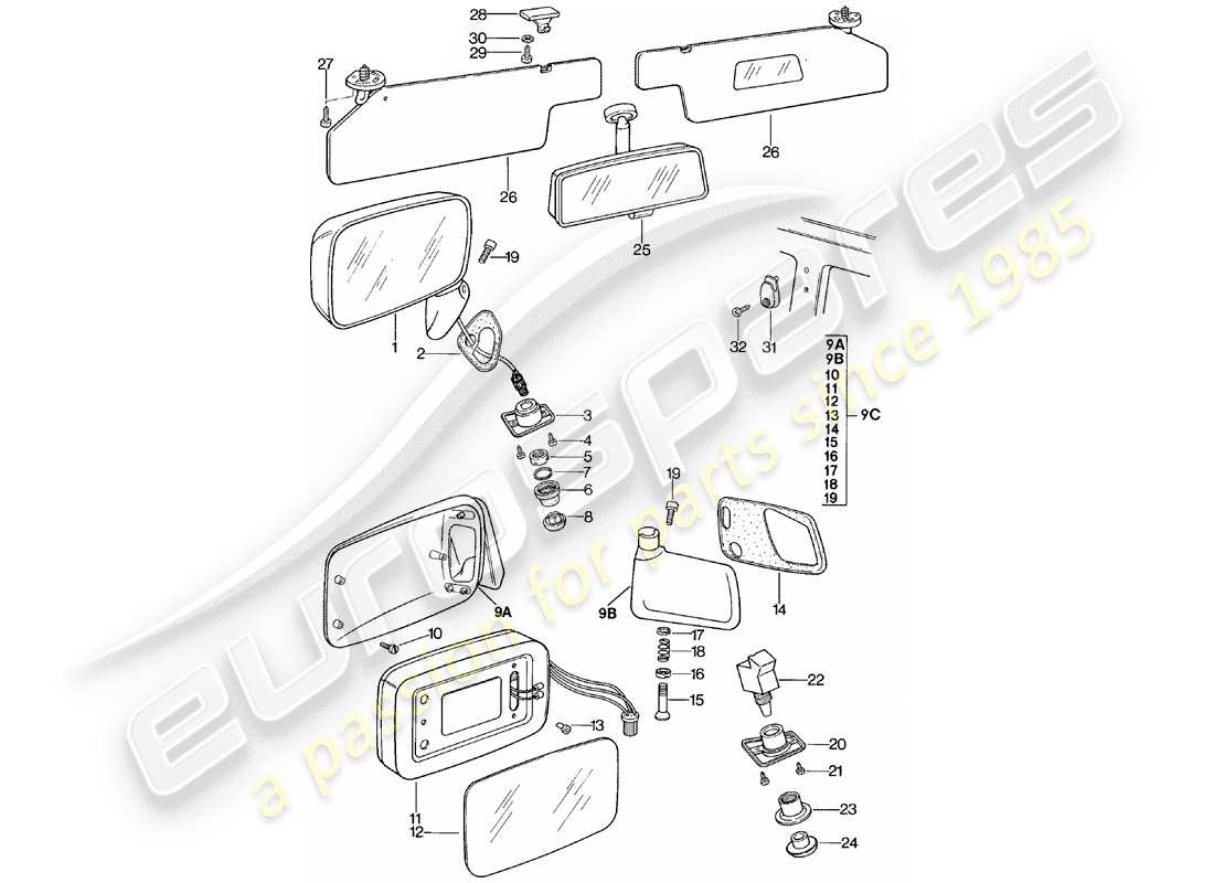 porsche 1984 (924) rückspiegel - rückspiegel innen - sonnenblende ersatzteildiagramm