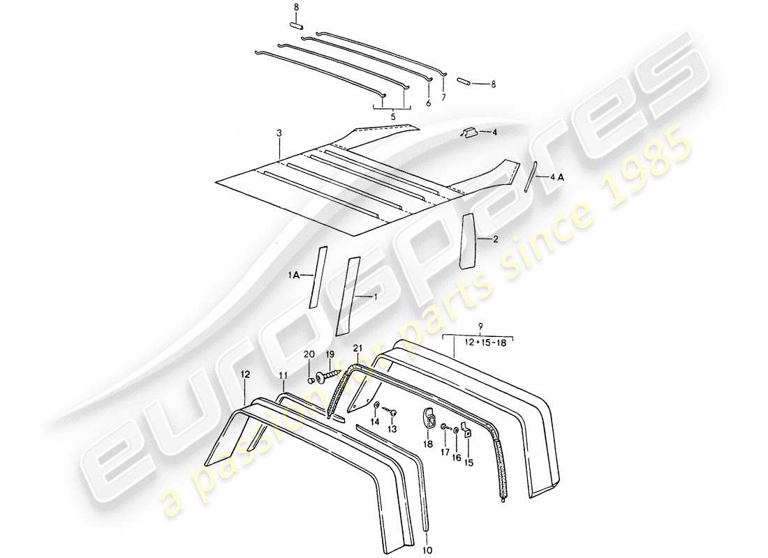 porsche 1992 (964) innenausstattung - dach - überrollbügel ersatzteildiagramm