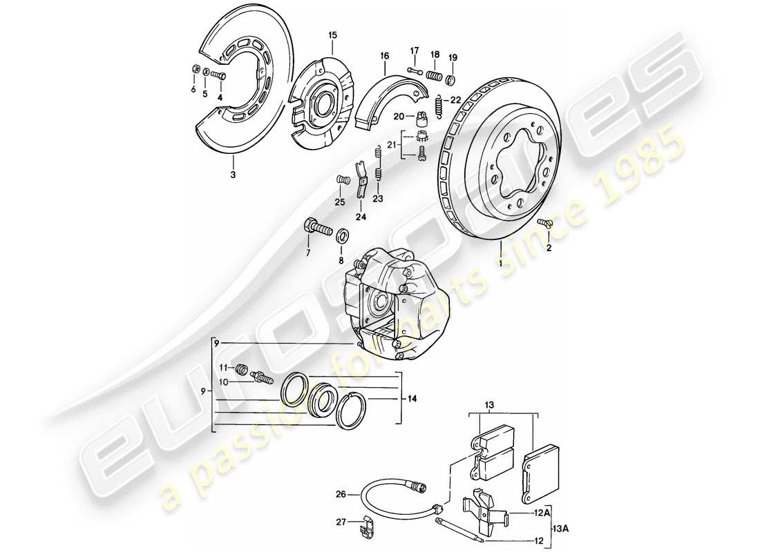 porsche 1985 (911) scheibenbremsen - hinterachse ersatzteildiagramm