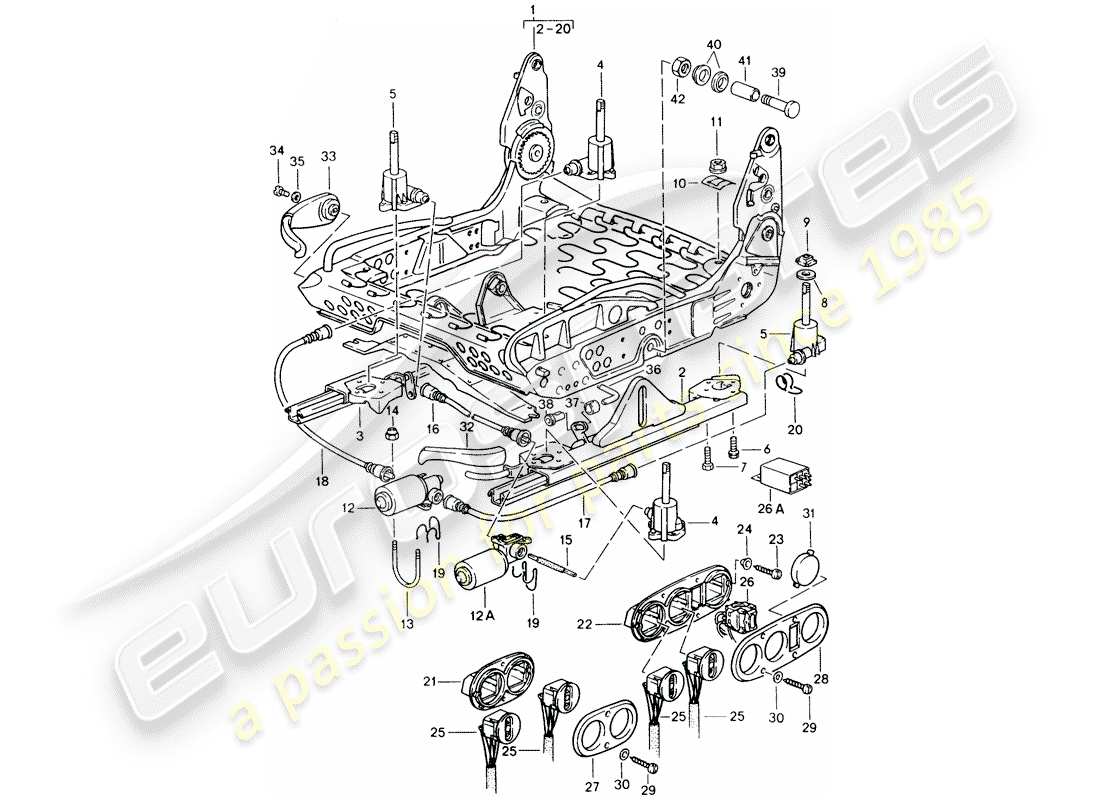 porsche 1986 (911) sportsitz - gestell für sitz teilediagramm