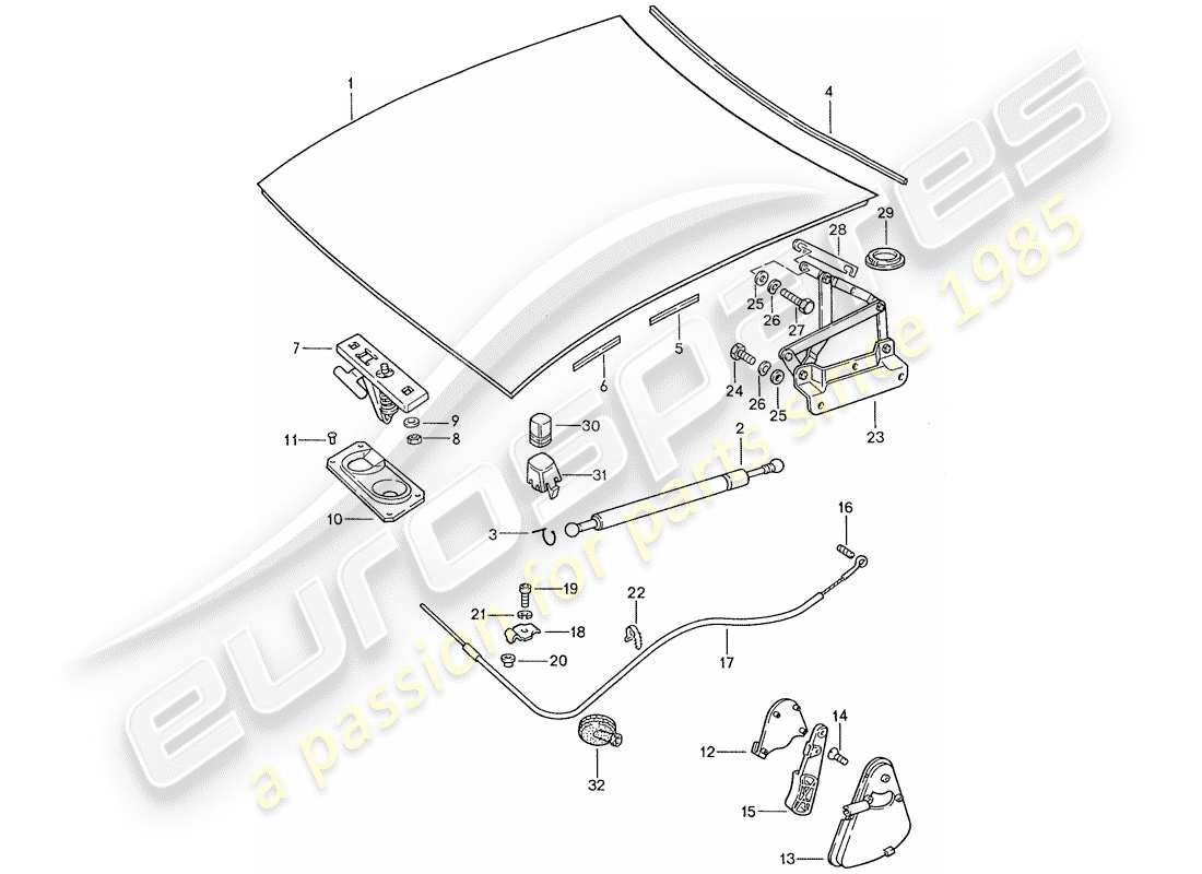 porsche 1988 (928) motorhaube - einbauteile ersatzteildiagramm