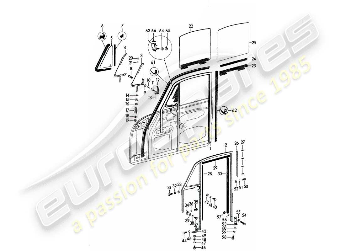porsche 1963 (356b/356c) fensterrahmen - seitenfenster - türfenster teilediagramm