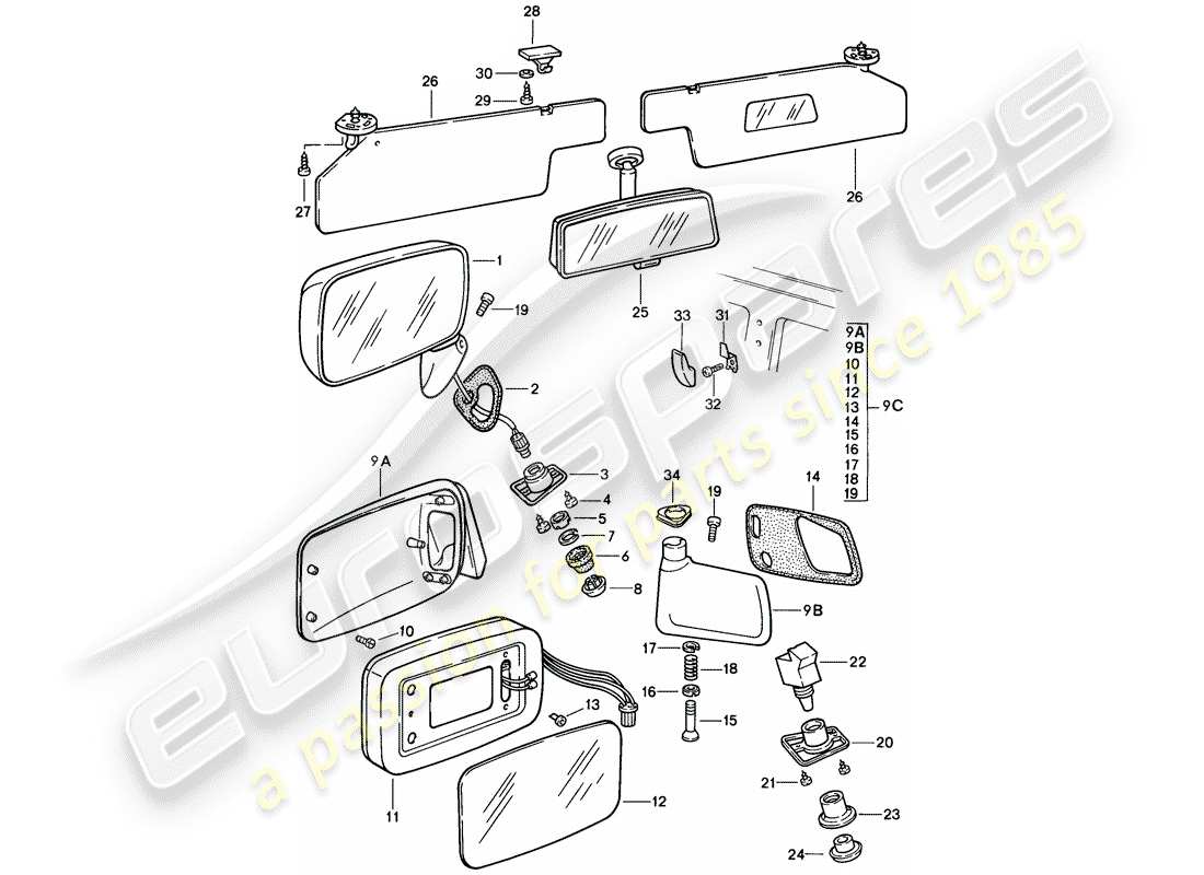 porsche 1987 (924s) rückspiegel - sonnenblende ersatzteildiagramm