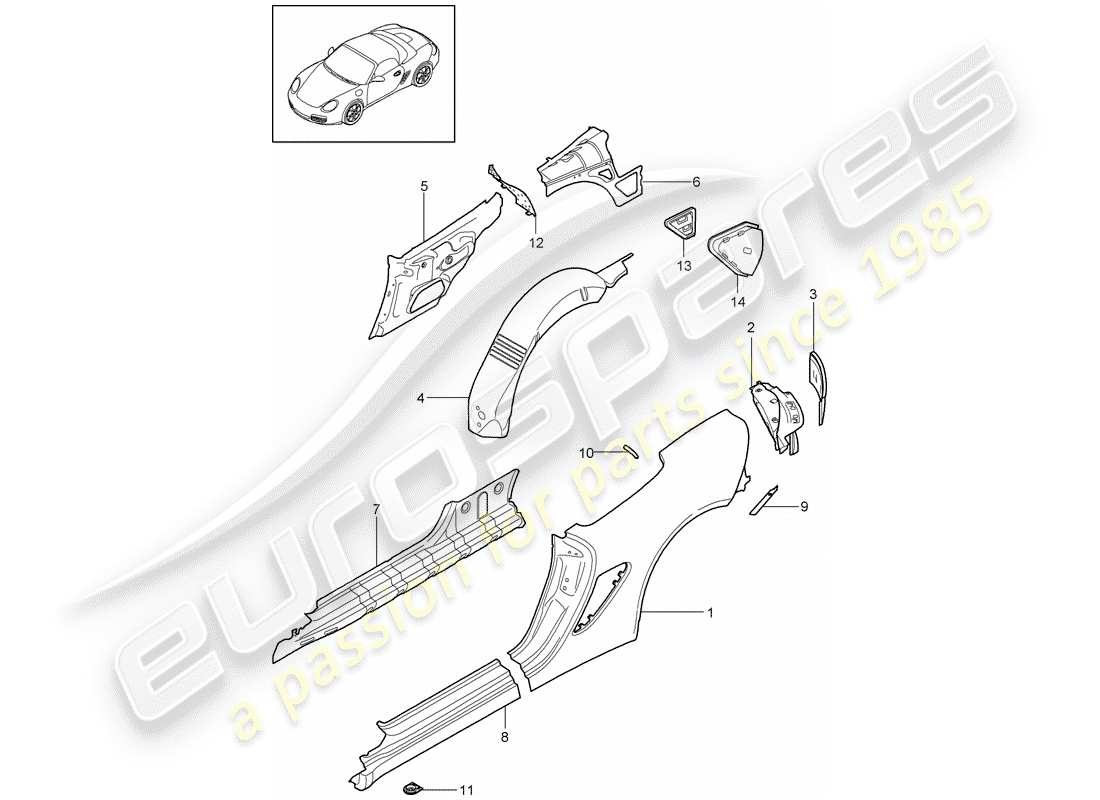 porsche 2011 (987 boxster) seitenwand teilediagramm