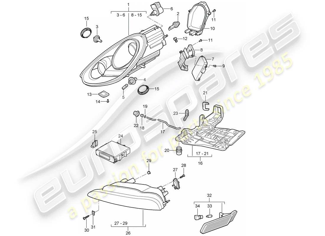 porsche 2012 (987 boxster) scheinwerfer teilediagramm