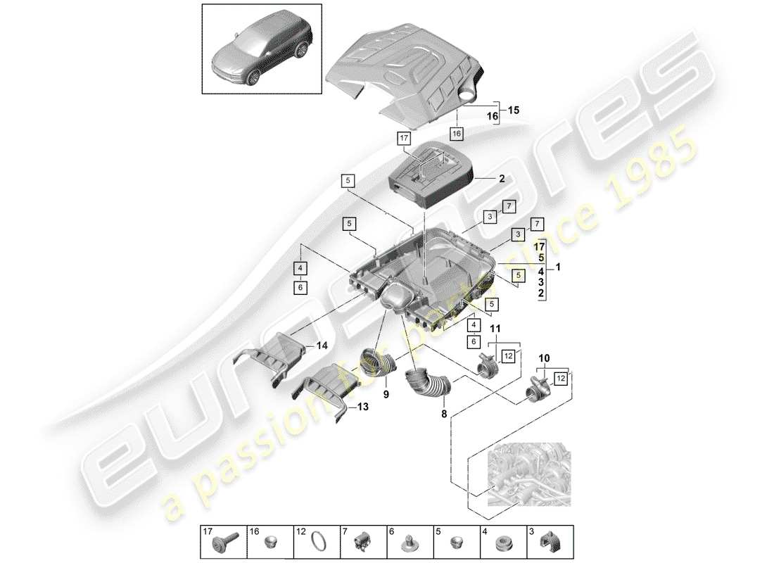 porsche 2019 (cayenne e3 9ya/9yb) luftfilter mit anschluss ersatzteildiagramm