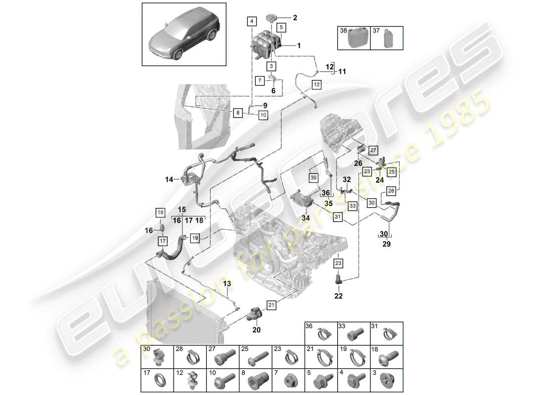 porsche 2019 (cayenne e3 9ya/9yb) wasserkühlung teilediagramm