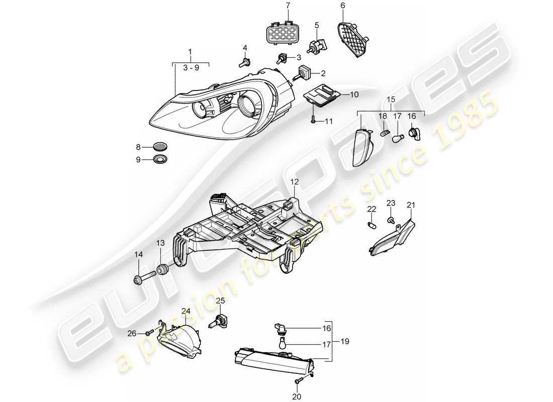 porsche 2008 (cayenne e1 9pa) scheinwerfer-teilediagramm