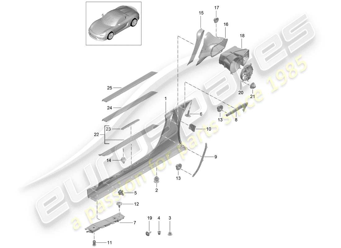 porsche 2016 (981 boxster spyder) seitenträgerverkleidung teilediagramm