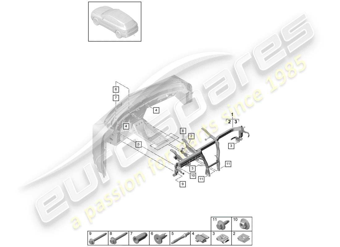 porsche 2020 (cayenne e3 9ya/9yb) halterahmen ersatzteildiagramm