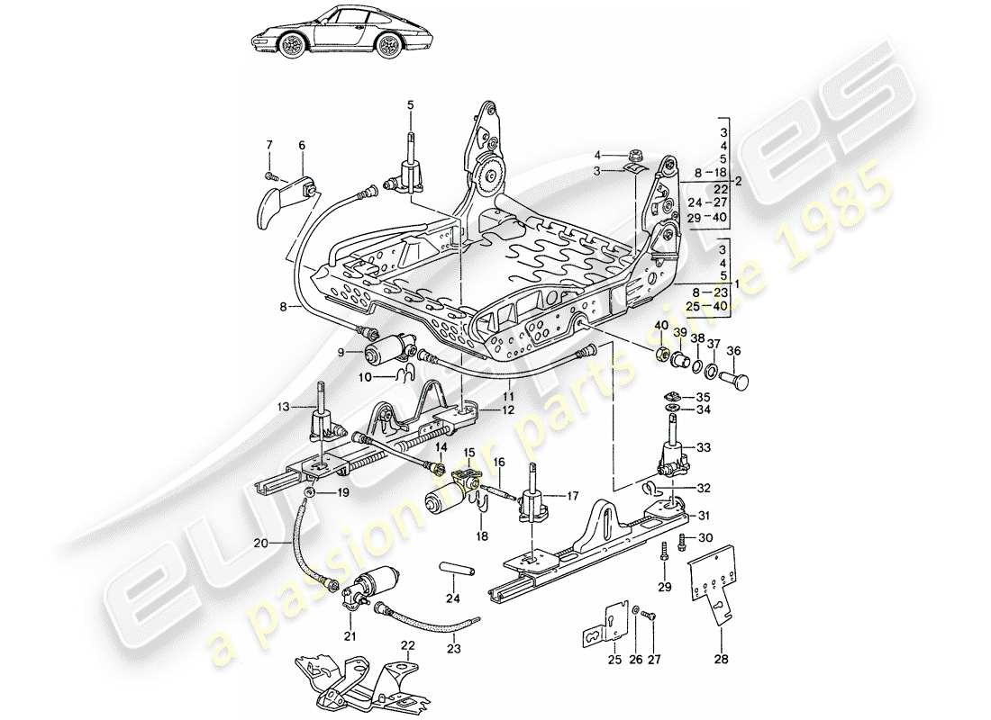 porsche 1987 (seats for 944/968/911/928) rahmen für sitz - für - komfortsitz - und - standardsitz - mit: - elektr. vertikalverstellung - d - mj 1994>> - mj 1998 ersatzteildiagramm