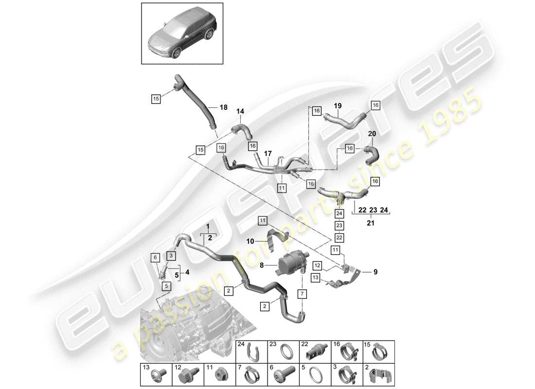 porsche 2018 (cayenne e3 9ya/9yb) wasserkühlung teilediagramm