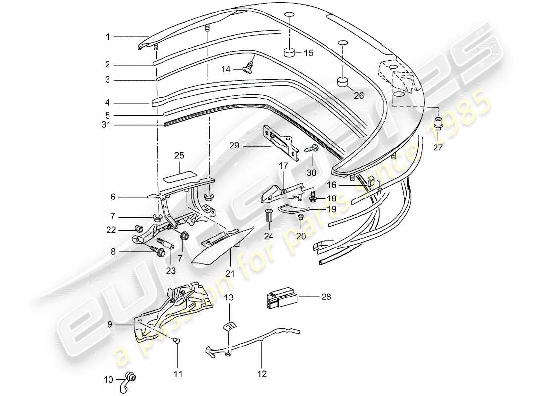 porsche 2003 (996 turbo / gt2) obere staubox - abdeckung - dichtungen ersatzteildiagramm
