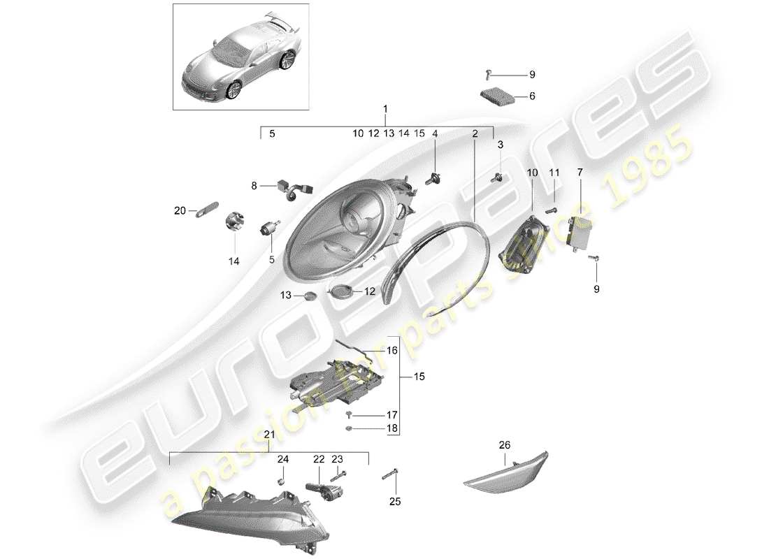 porsche 2016 (991-1 r/gt3/rs) scheinwerfer-teilediagramm