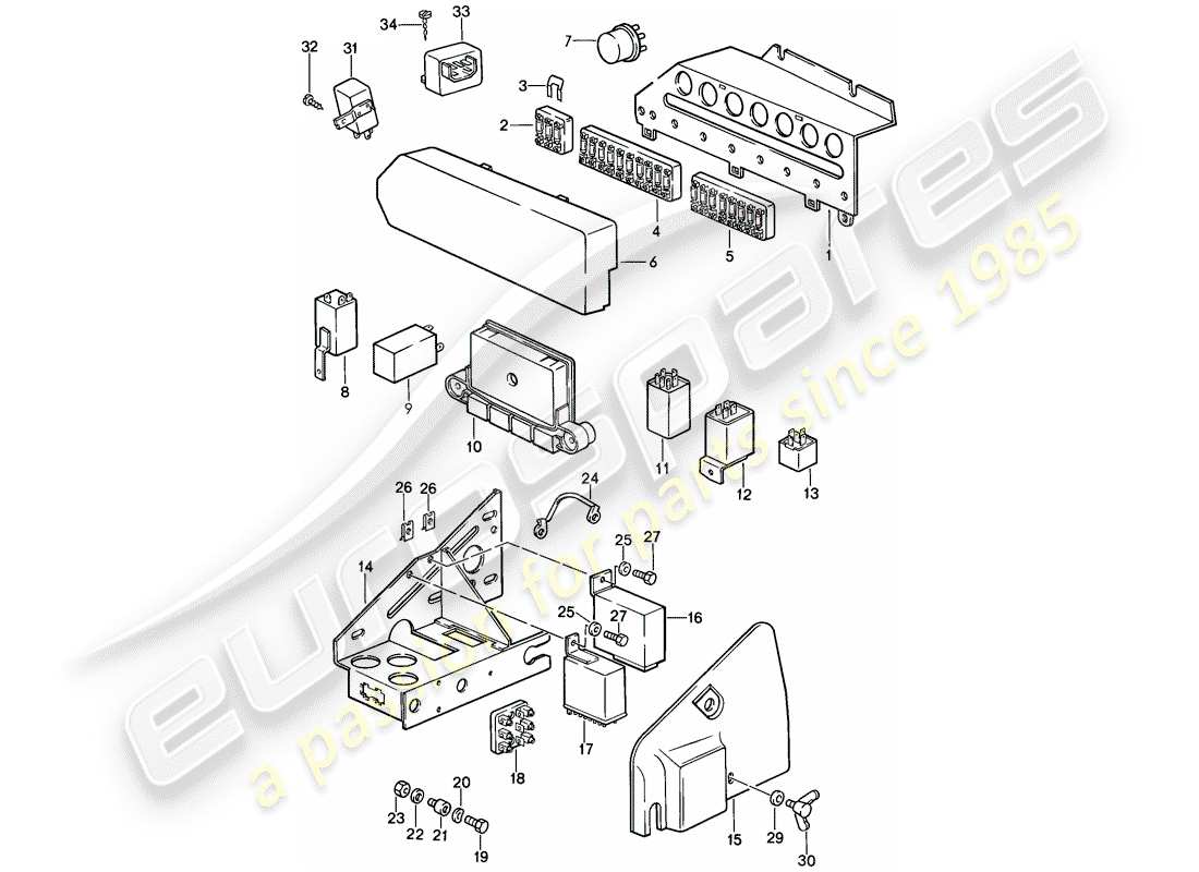porsche 1985 (911) elektronisches steuermodul - relais - sicherungskasten ersatzteildiagramm