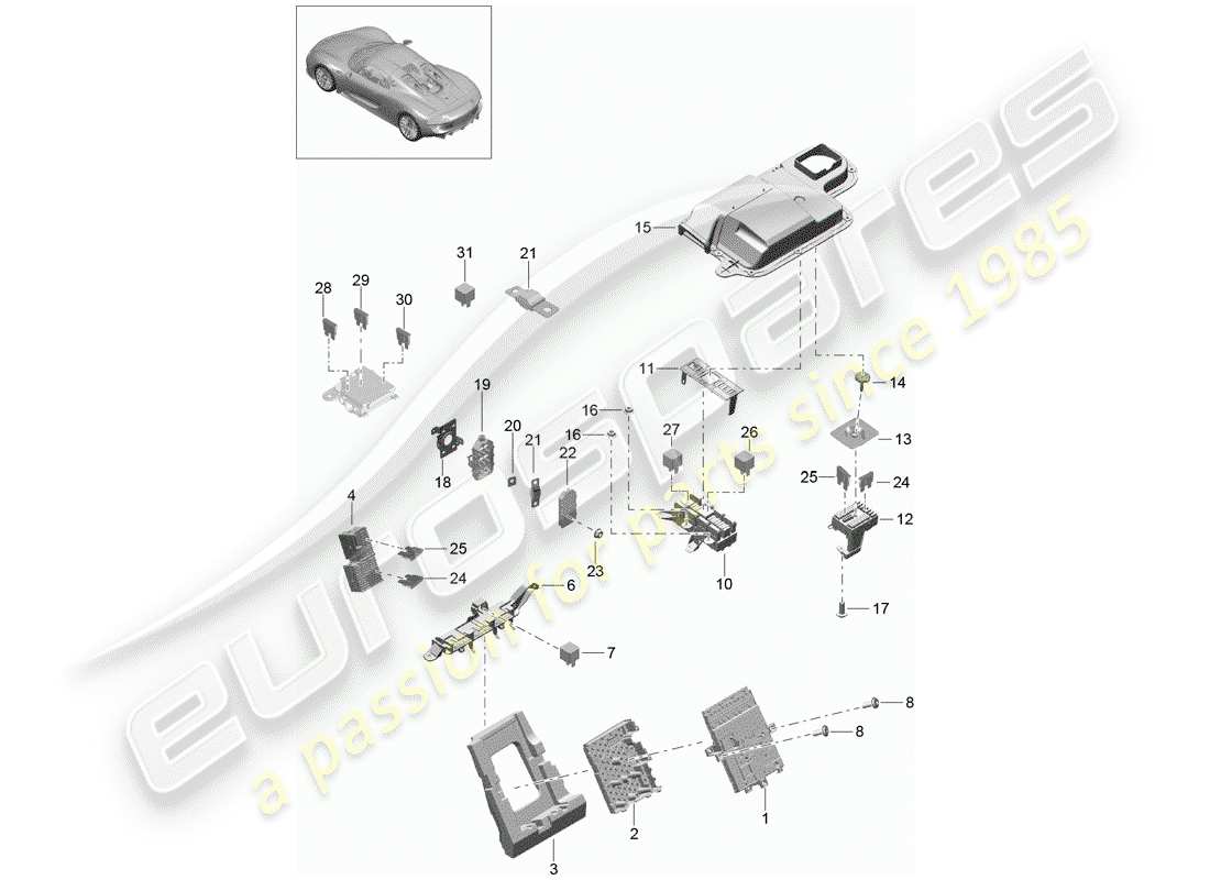 porsche 2015 (918 spyder) sicherungskasten/relaisplatte ersatzteildiagramm