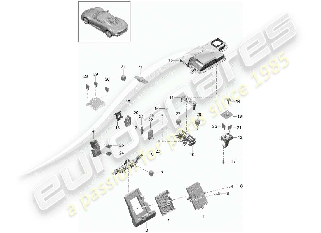 porsche 918 spyder (2015) sicherungskasten/relaisplatte ersatzteildiagramm