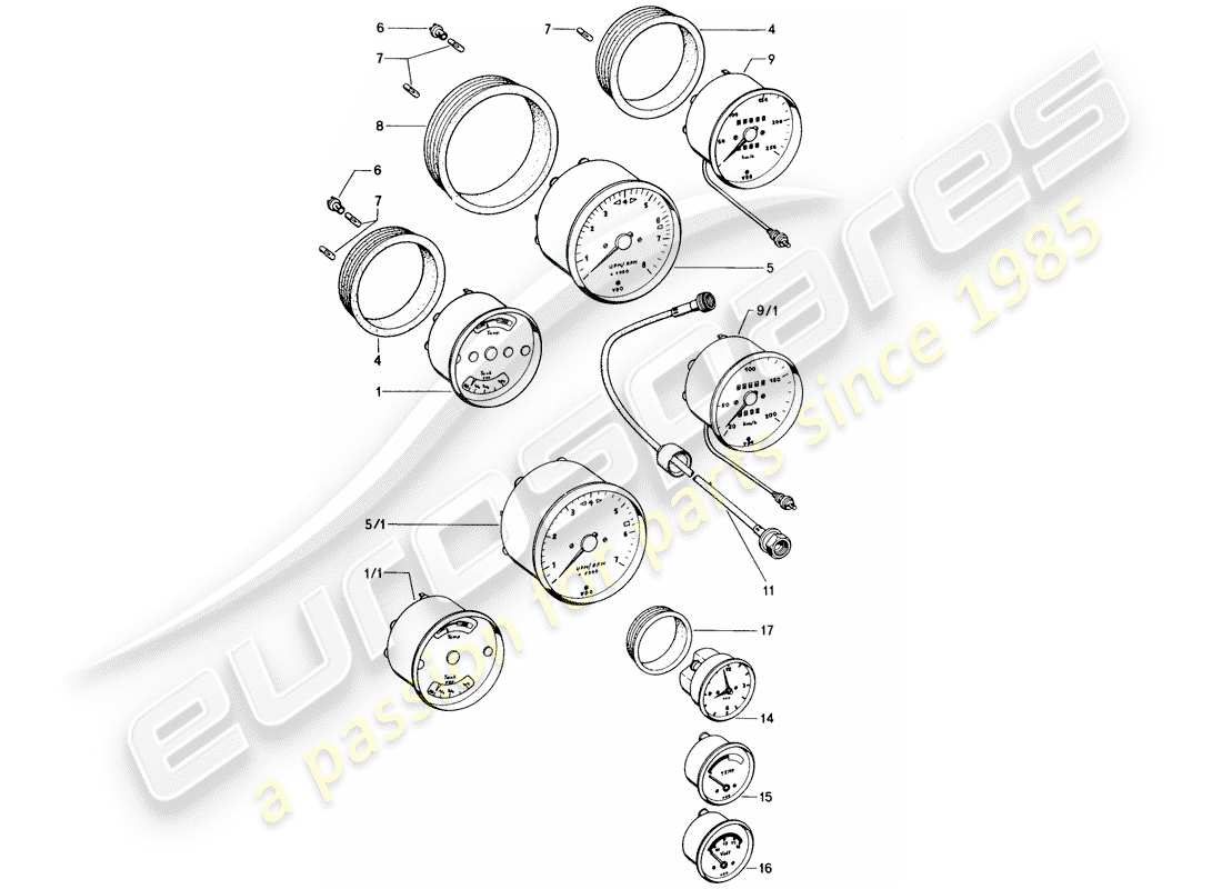 porsche 1970 (914) instrumente teilediagramm