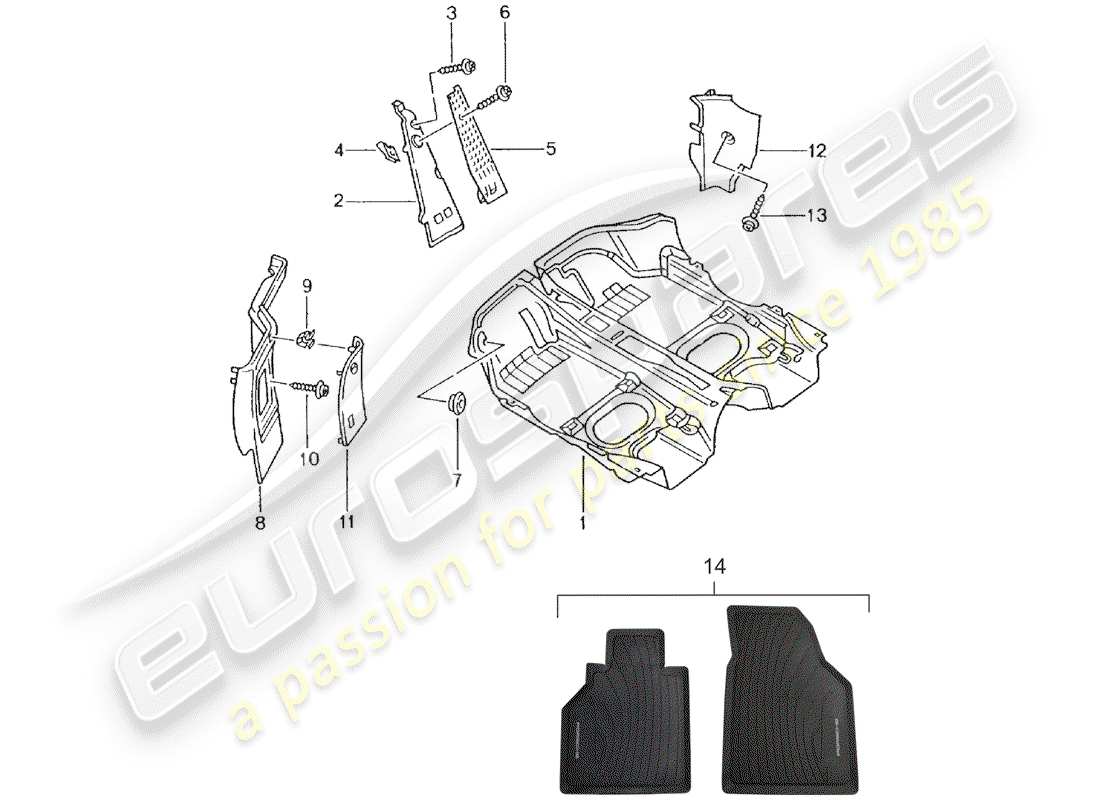 porsche 2001 (996 gt3) bodenabdeckung - verkleidungen ersatzteildiagramm