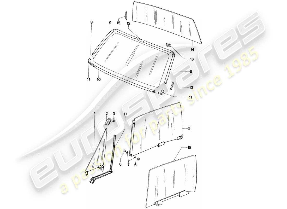 porsche 1970 (914) fenstergläser ersatzteildiagramm