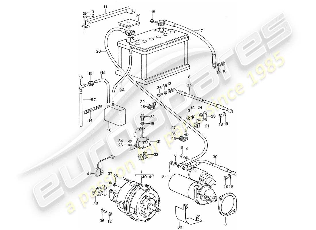 porsche 1988 (959) lichtmaschine - anlasser - batterie ersatzteildiagramm