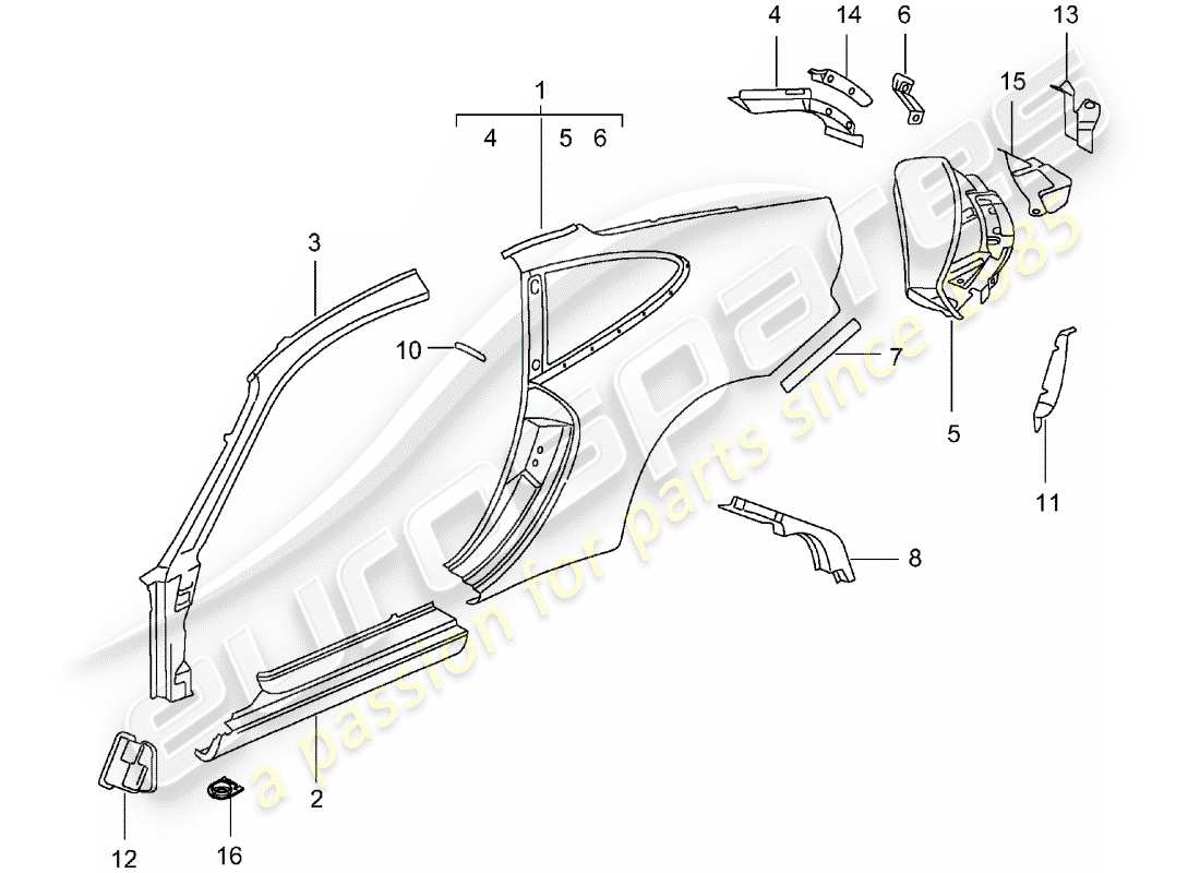 porsche 2001 (996 gt3) seitenwand teilediagramm