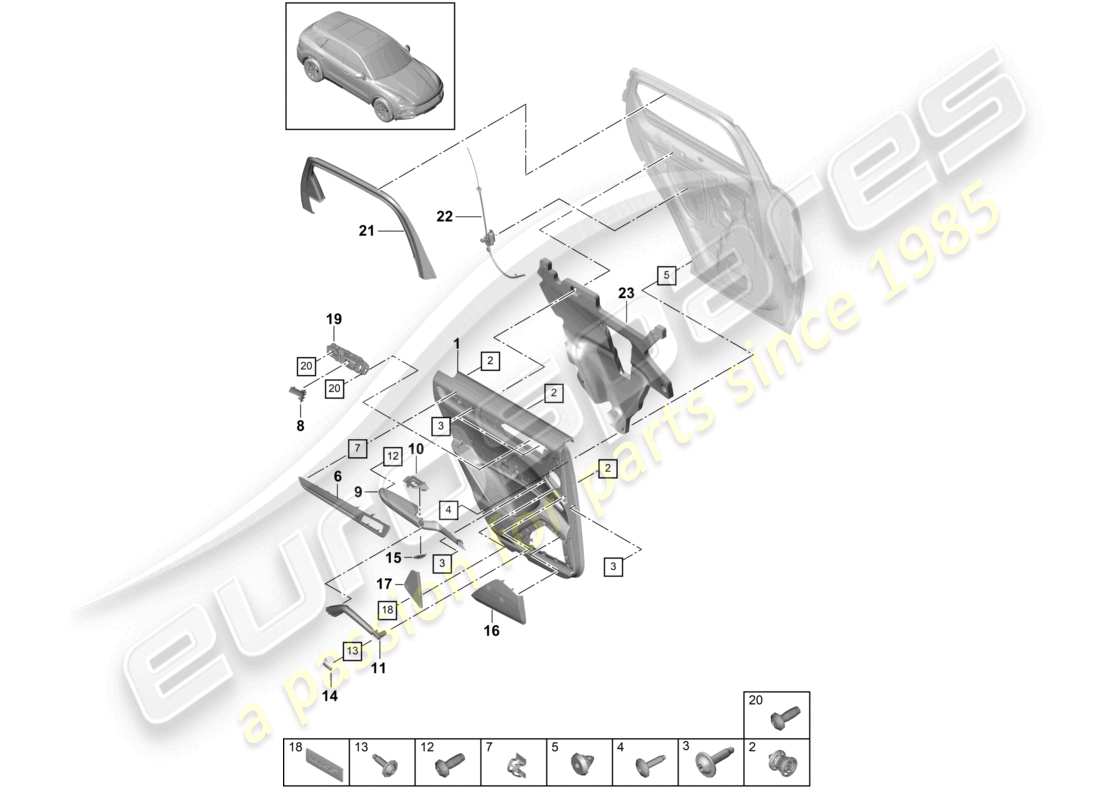 porsche 2018 (cayenne e3 9ya/9yb) türverkleidungen hintertüren (leder/alcantara) für modelle mit rollo ersatzteilzeichnung