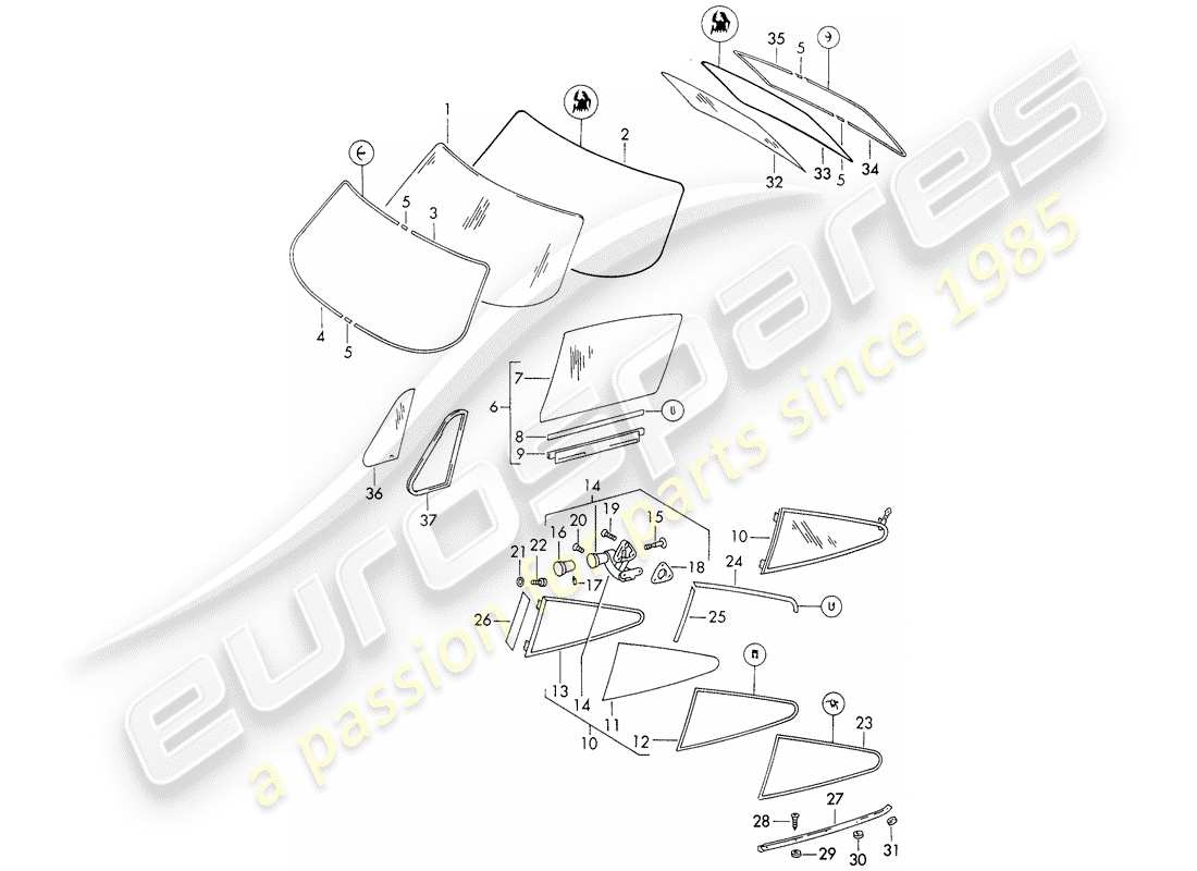 porsche 1966 (911/912) fensterverglasung - d - mj 1969>> ersatzteildiagramm