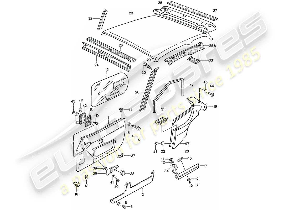 porsche 1990 (944) türverkleidung - dachverkleidung teilediagramm