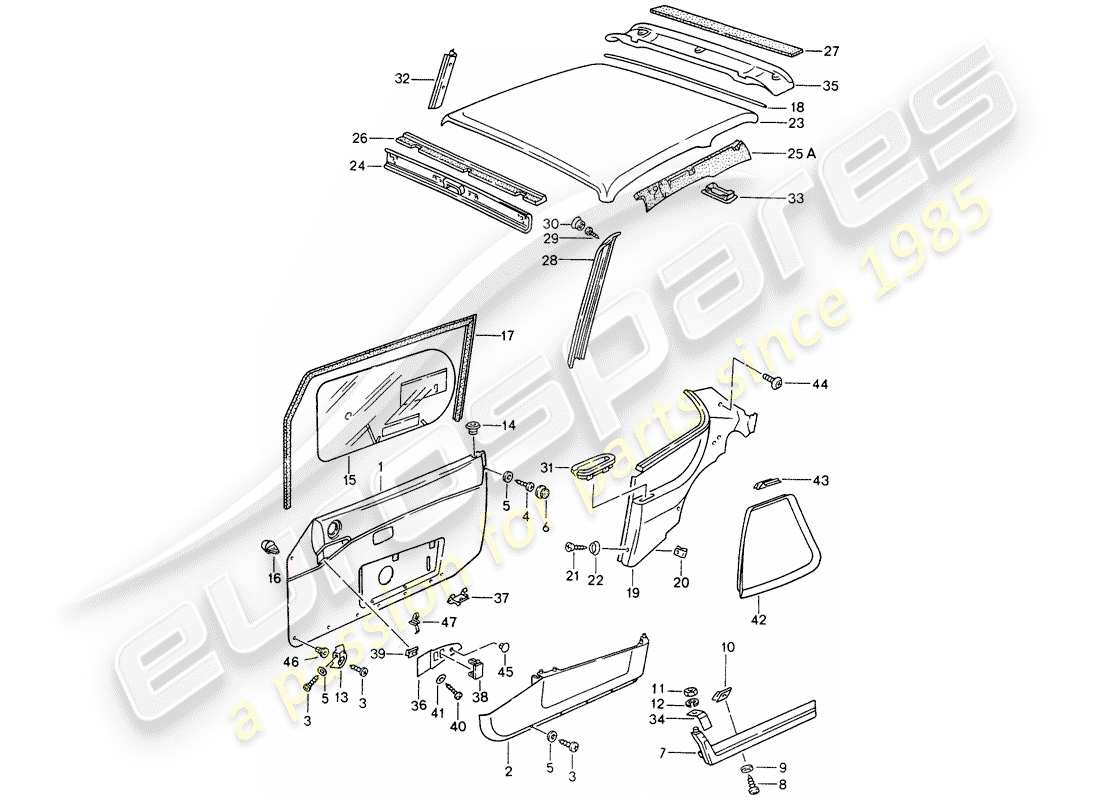 porsche 1992 (968) türverkleidung - dachverkleidung teilediagramm
