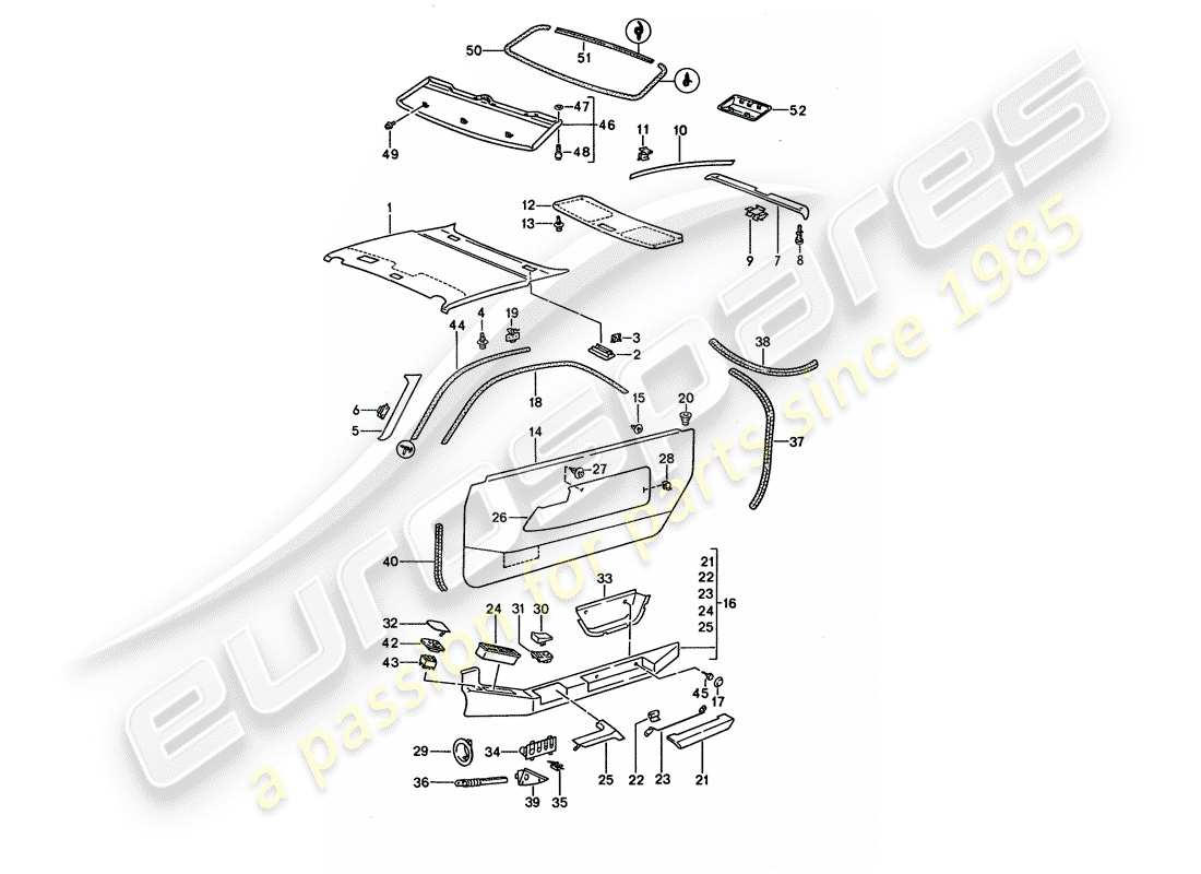 porsche 1995 (928) türverkleidung - dachverkleidung teilediagramm