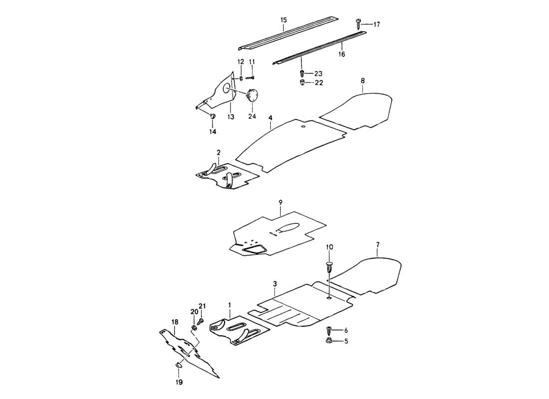 porsche 1994 (964) verkleidungen - fussraum - abnehmbare teppiche ersatzteildiagramm
