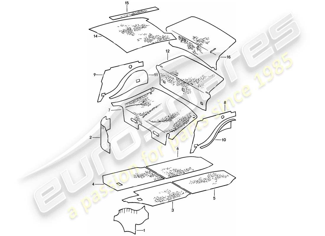 porsche 1985 (911) karosserie - schallabsorbatoren ersatzteildiagramm
