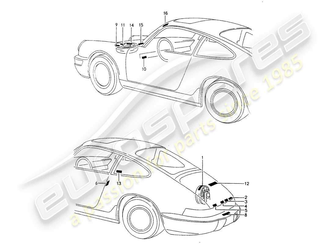 porsche 1989 (964) zeichen/hinweise teilediagramm