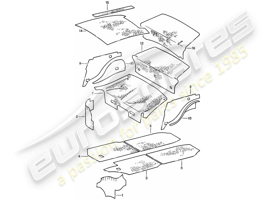 porsche 1987 (911) karosserie - schallabsorbatoren ersatzteildiagramm