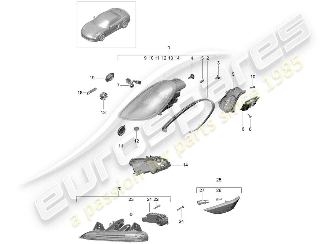 porsche 2014 (981 boxster) scheinwerfer-teilediagramm
