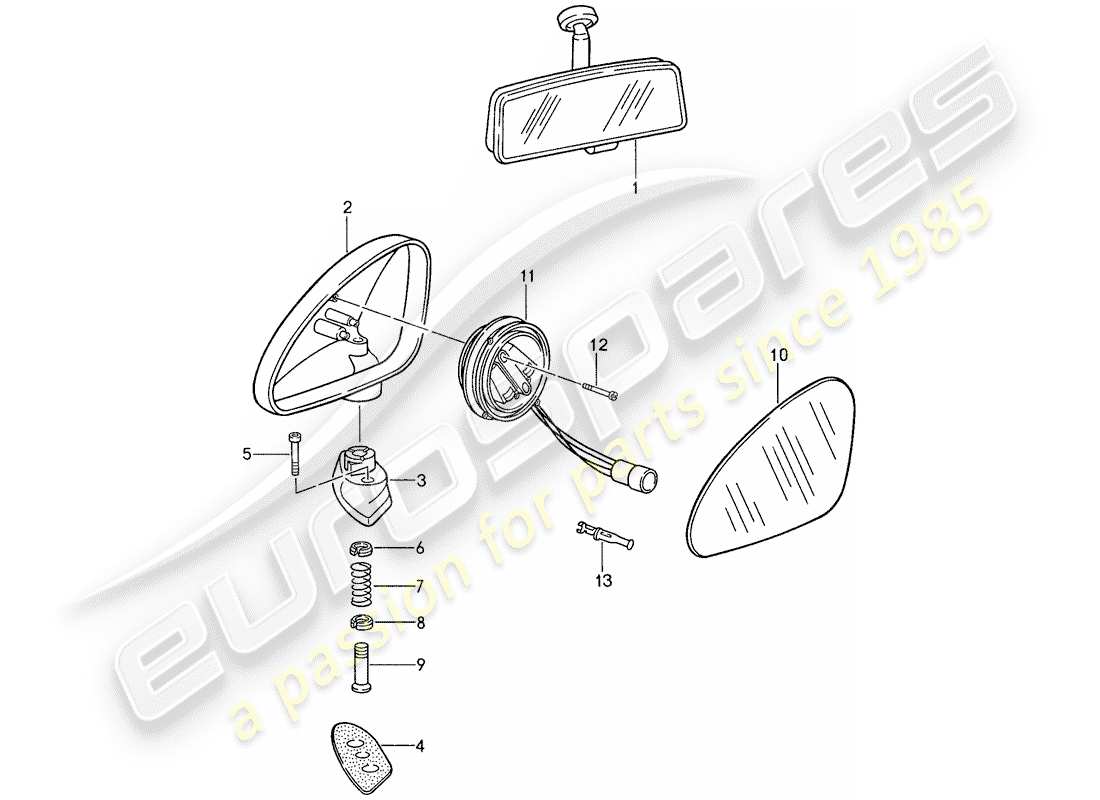 porsche 1988 (959) rückspiegel innen - rückspiegel teilediagramm