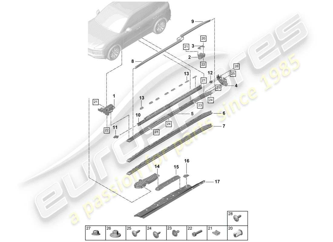 porsche 2018 (cayenne e3 9ya/9yb) seitenträgerverkleidung teilediagramm