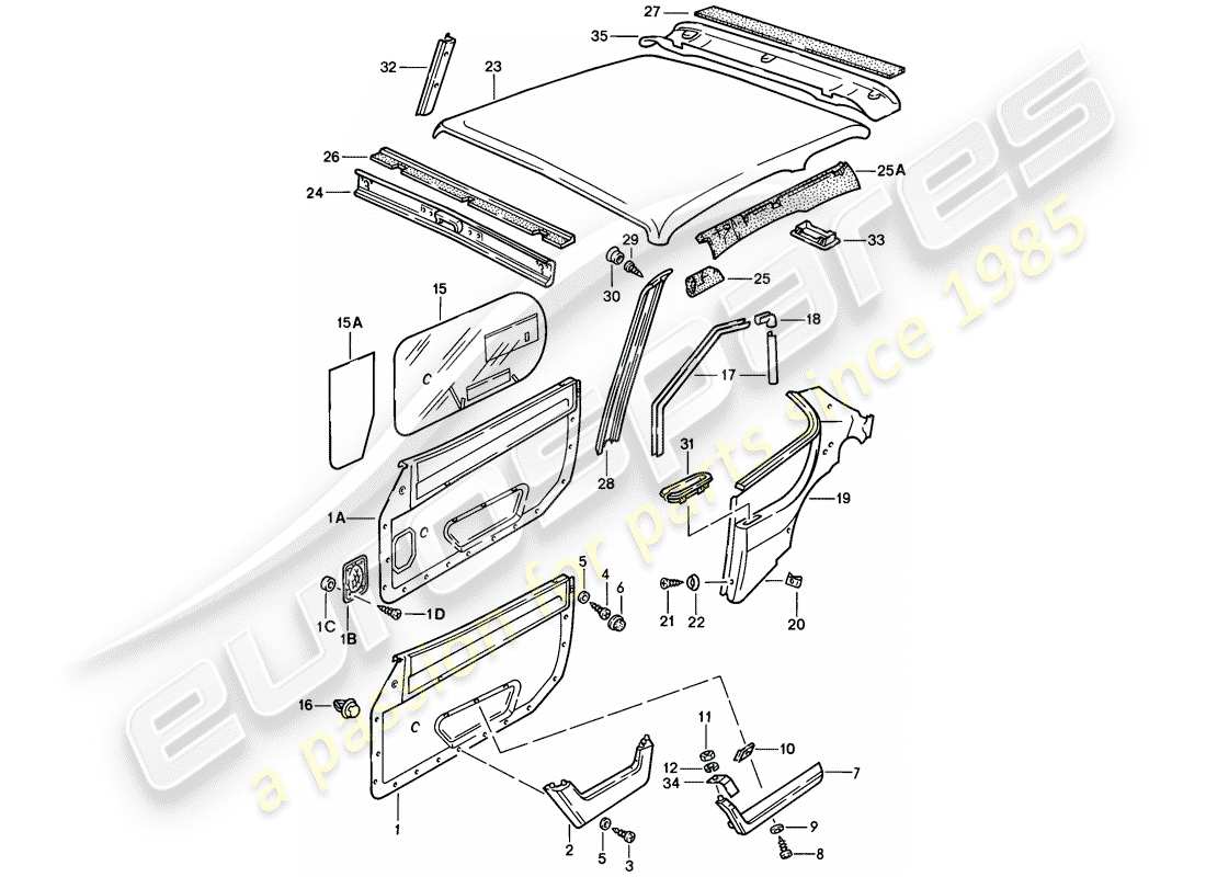 porsche 1982 (944) türverkleidung - dachverkleidung teilediagramm