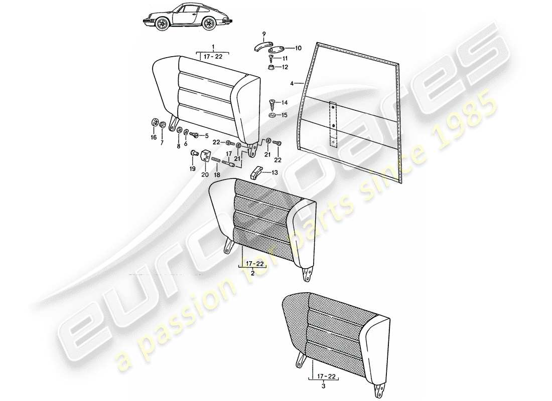 porsche 1987 (seats for 944/968/911/928) notsitz-rückenlehne - - d - mj 1985>> - mj 1986 ersatzteildiagramm
