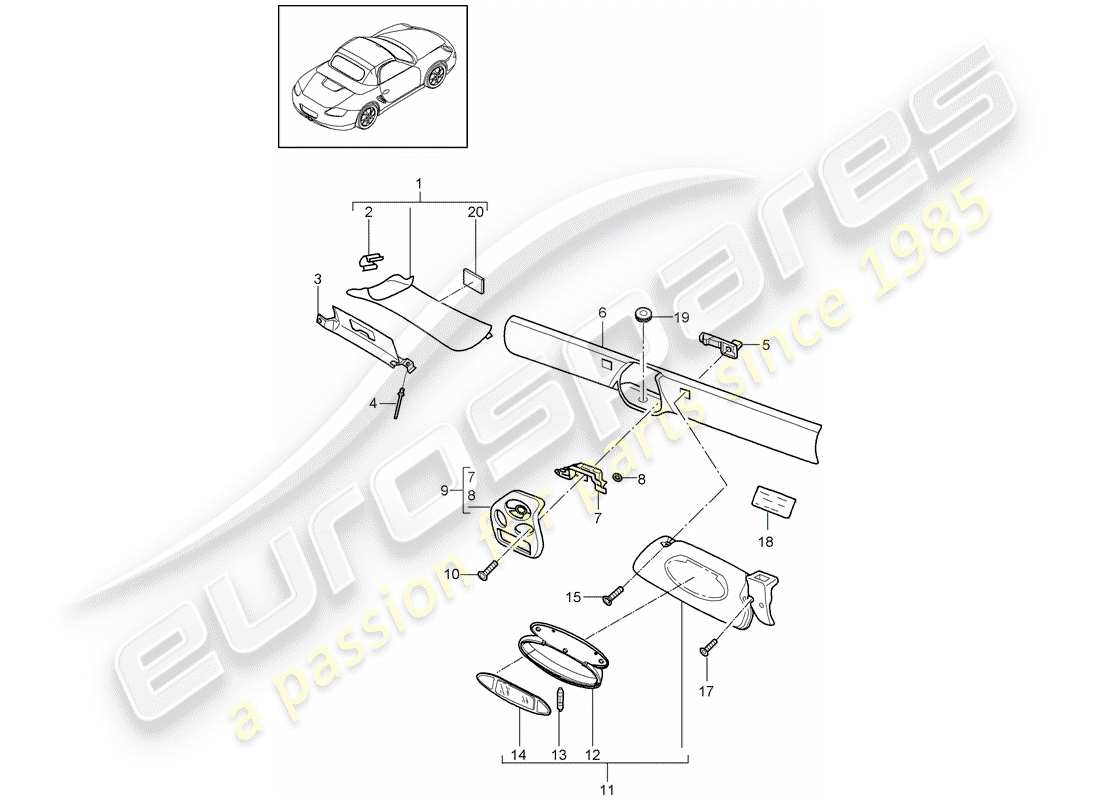 porsche 2010 (987 boxster) windschutzscheibenrahmen ersatzteildiagramm